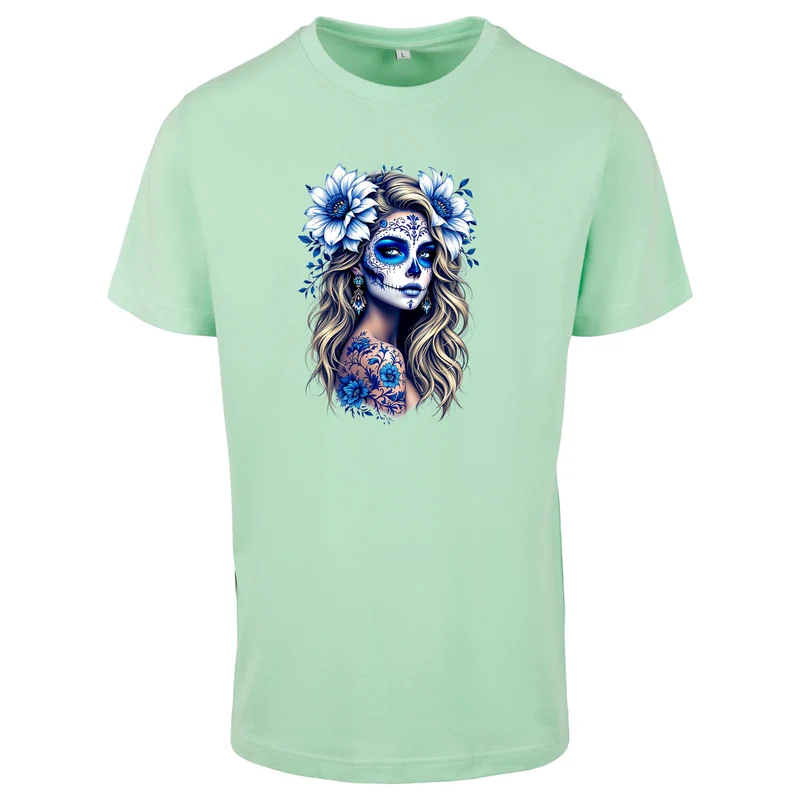 La Catrina T-Shirt Blau Flower – Damen Baumwollshirt mit kunstvollem Print