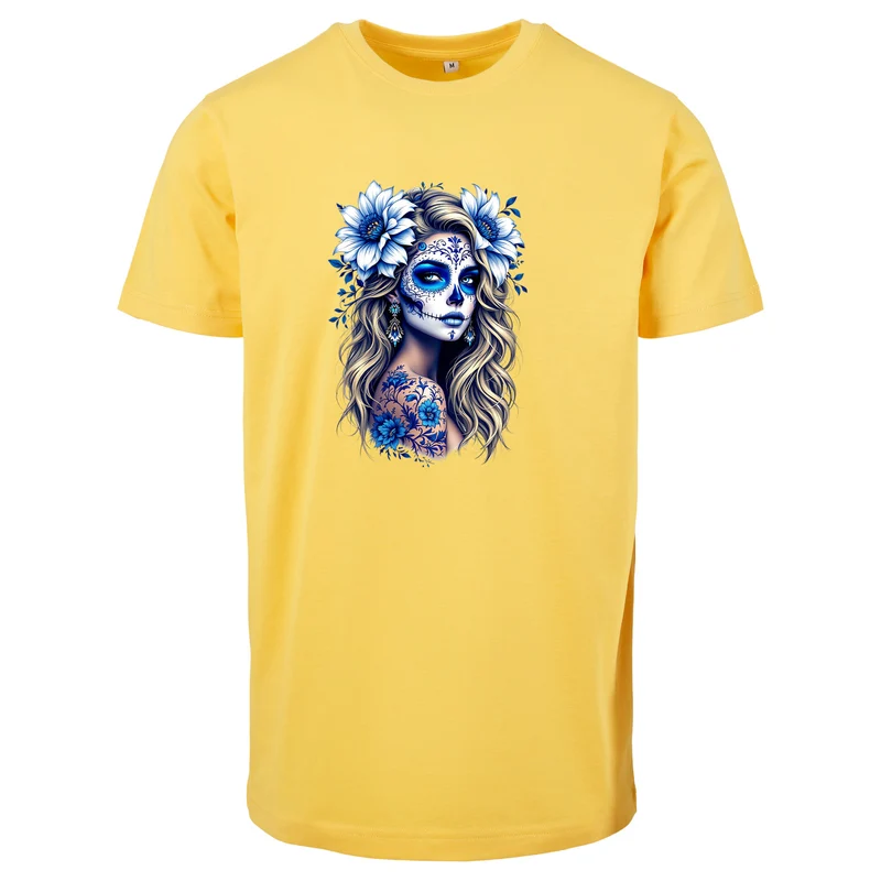 La Catrina T-Shirt Blau Flower – Damen Baumwollshirt mit kunstvollem Print