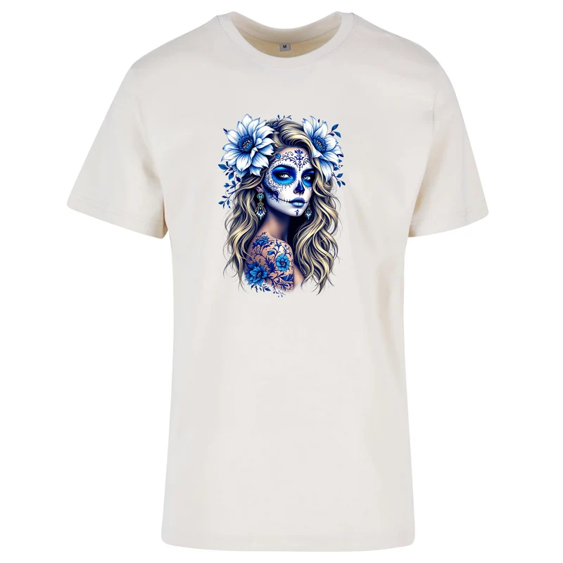 La Catrina T-Shirt Blau Flower – Damen Baumwollshirt mit kunstvollem Print