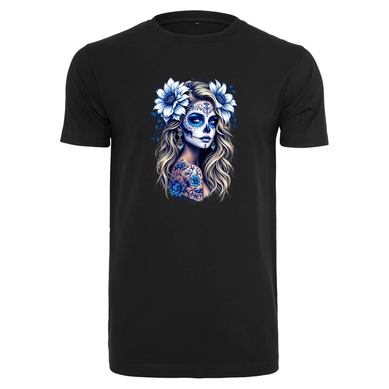 La Catrina T-Shirt Blau Flower – Damen Baumwollshirt mit kunstvollem Print