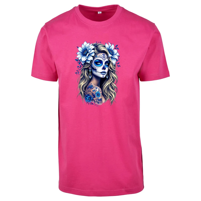 La Catrina T-Shirt Blau Flower – Damen Baumwollshirt mit kunstvollem Print