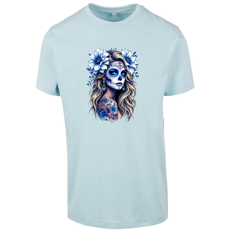 La Catrina T-Shirt Blau Flower – Damen Baumwollshirt mit kunstvollem Print