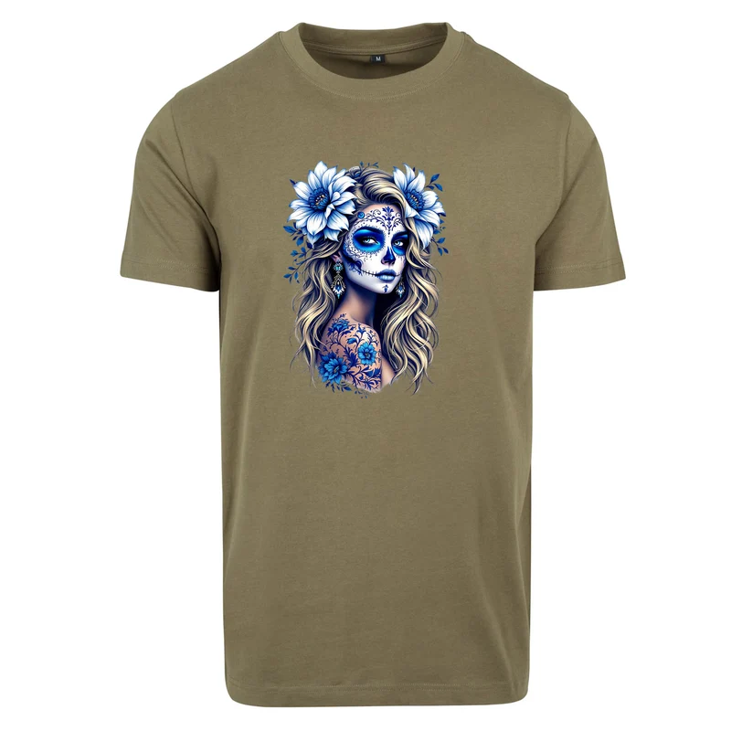 La Catrina T-Shirt Blau Flower – Damen Baumwollshirt mit kunstvollem Print