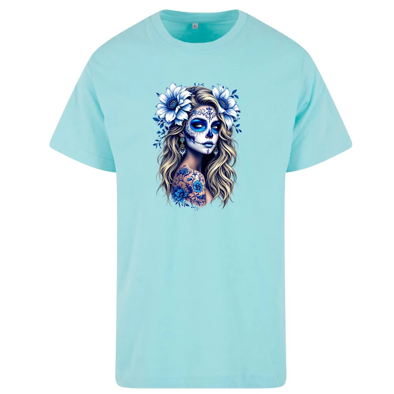 La Catrina T-Shirt Blau Flower – Damen Baumwollshirt mit kunstvollem Print