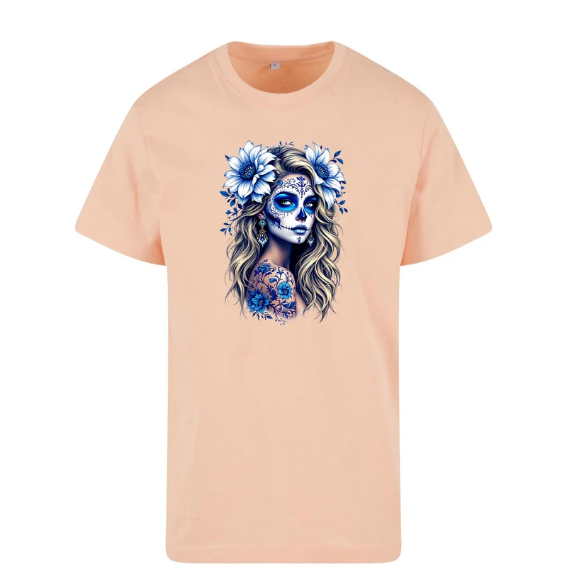 La Catrina T-Shirt Blau Flower – Damen Baumwollshirt mit kunstvollem Print