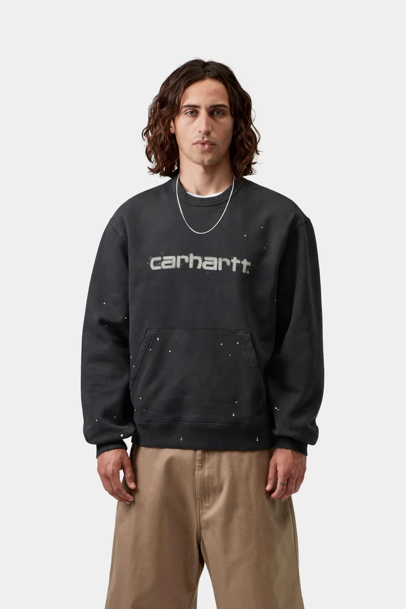 Carhartt WIP Herren-Sweatshirt „Maler“ | Schwarz, Destroyed-Waschung, Spritzer