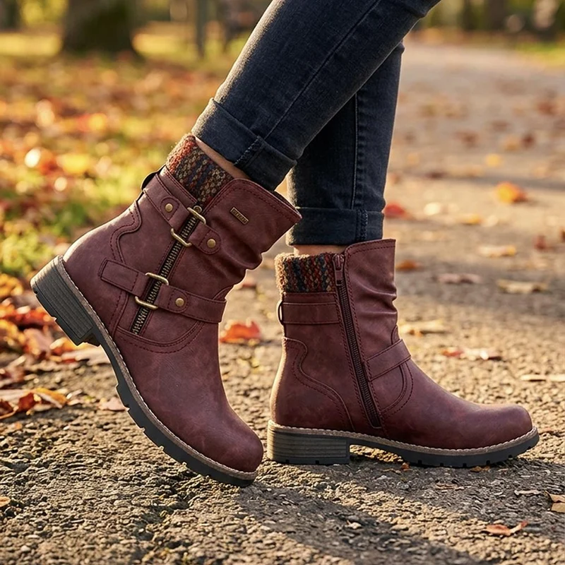 Warm Lined Zip Up Ankle Boots - WBINS44055 / 329 713 - Burgundy