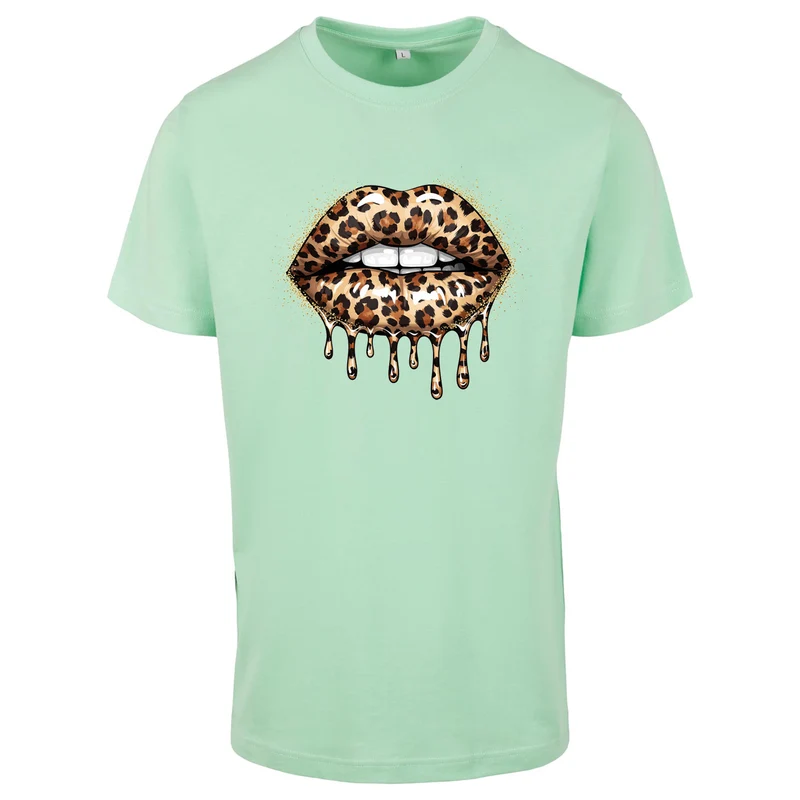 Leo Lips T-Shirt – Damen Baumwollshirt mit Leo-Print Lippenmotiv