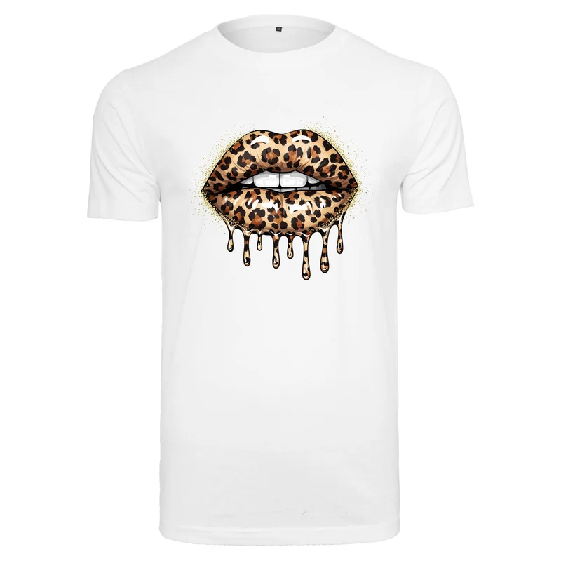 Leo Lips T-Shirt – Damen Baumwollshirt mit Leo-Print Lippenmotiv