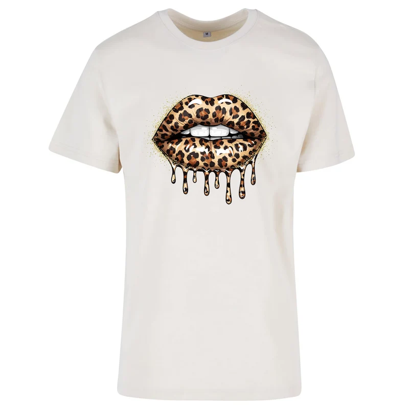 Leo Lips T-Shirt – Damen Baumwollshirt mit Leo-Print Lippenmotiv