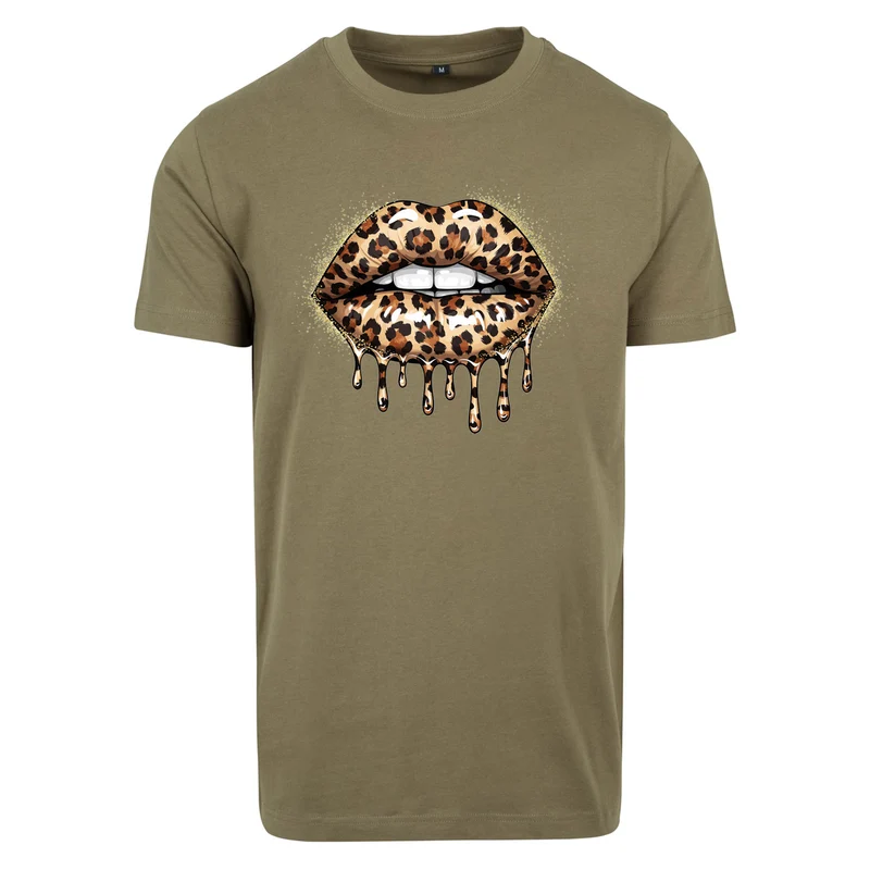 Leo Lips T-Shirt – Damen Baumwollshirt mit Leo-Print Lippenmotiv