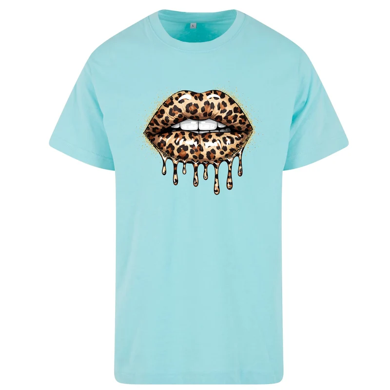 Leo Lips T-Shirt – Damen Baumwollshirt mit Leo-Print Lippenmotiv