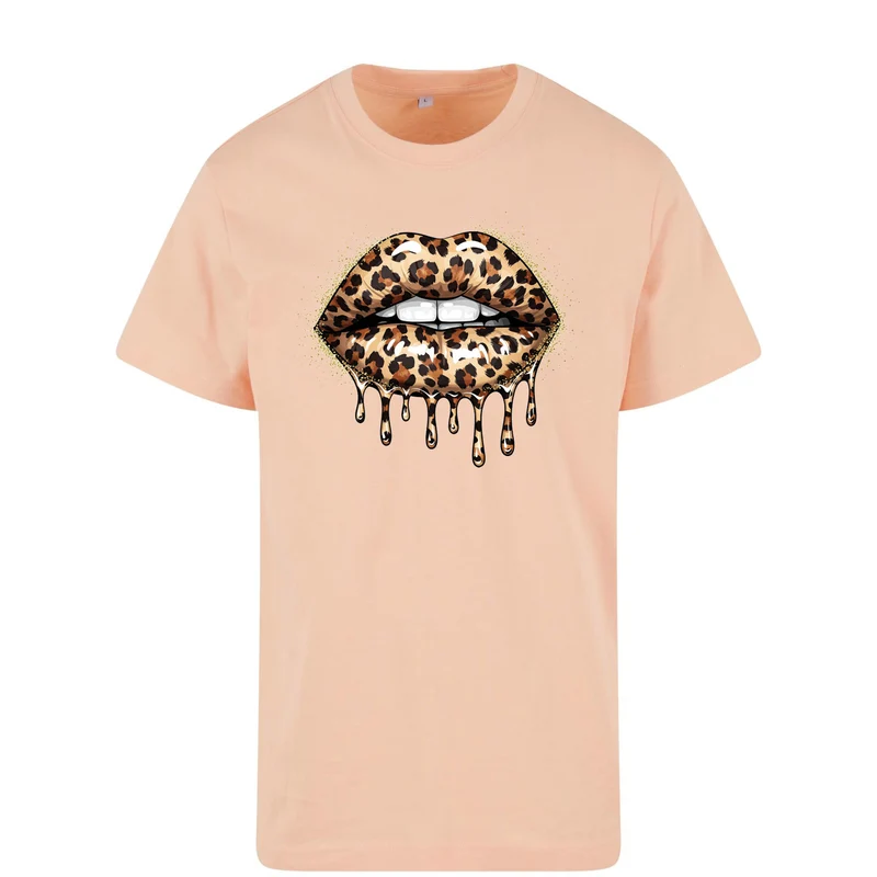 Leo Lips T-Shirt – Damen Baumwollshirt mit Leo-Print Lippenmotiv