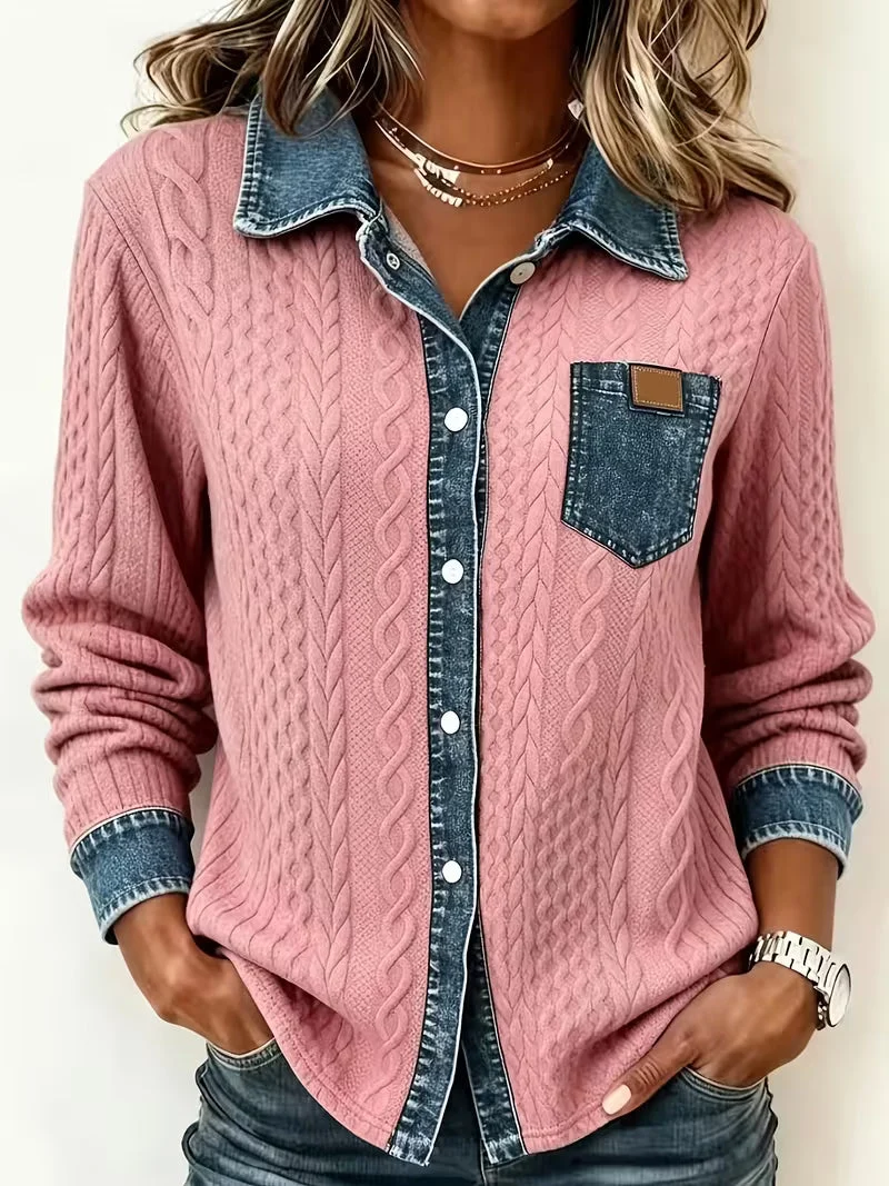 Eryna – Langärmliges Shirt mit Zopfmuster und Jeanskragen