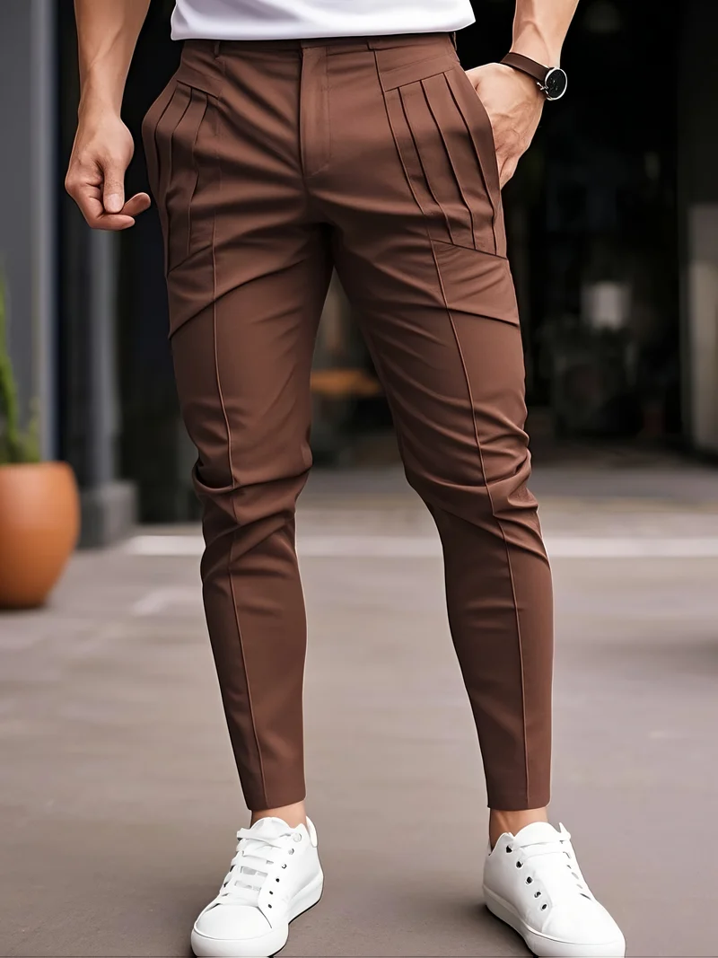 Alexey - Lässige Schlanke Passform Hose Mit Bundfalten Und Schräg Eingesetzten Taschen