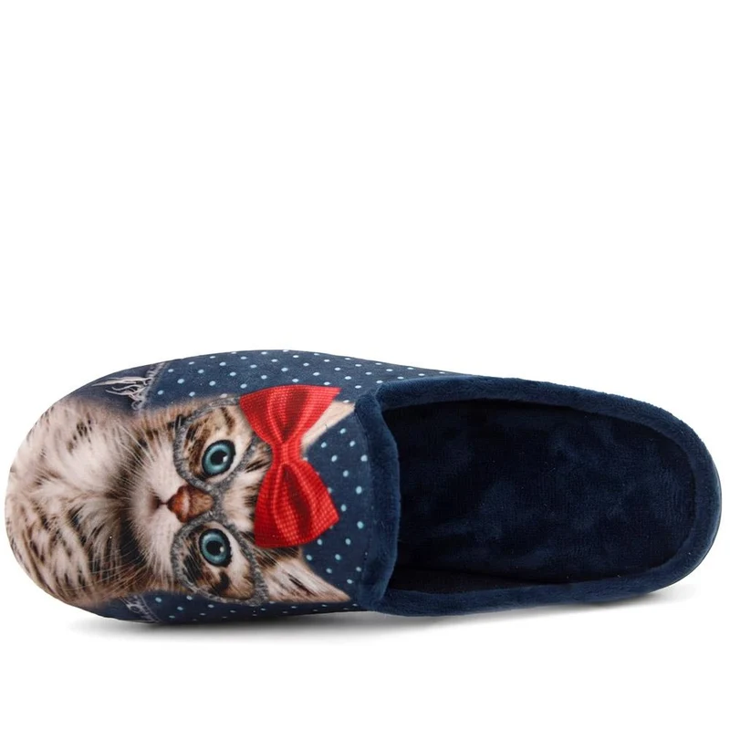 Cat Print Luxury Mule Slippers - RELAX44000 / 330 192 - Navy