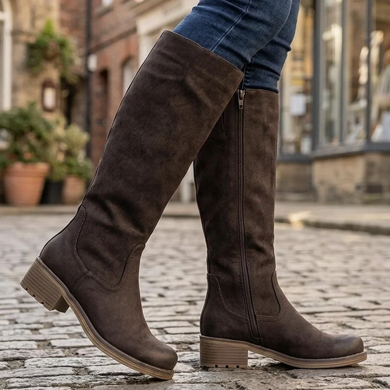Stacked Heel Zip Up Long Boots - TELOO42002 / 328 282 - Chocolate