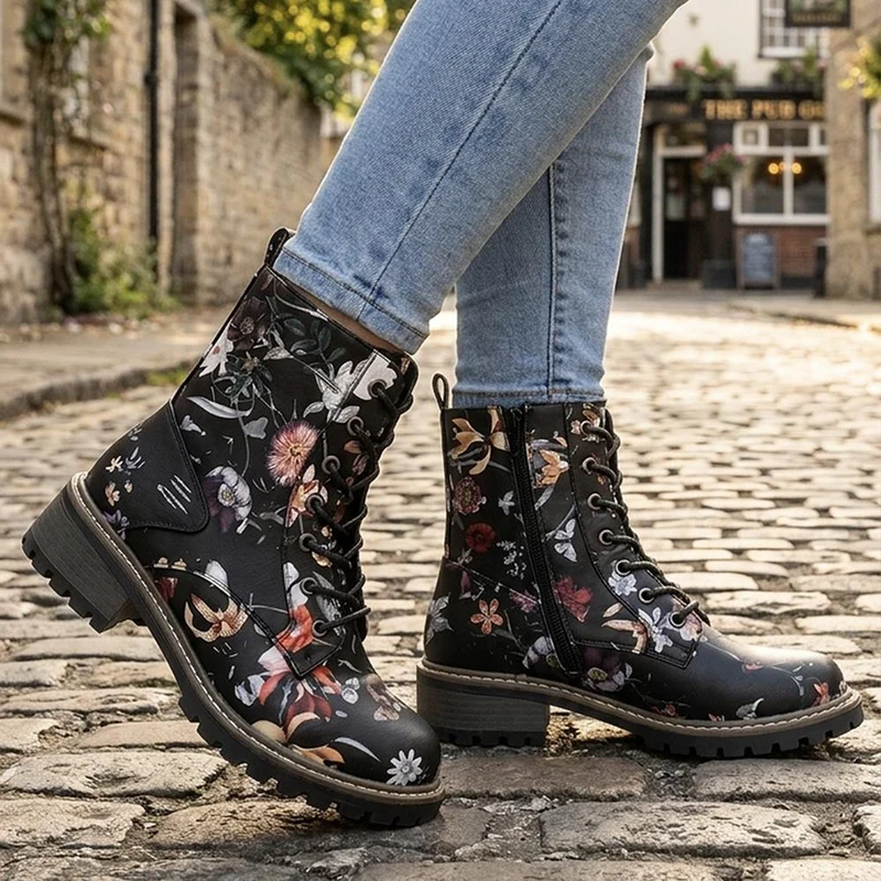 Wide Fit Floral Lace Up Boots - LAND44008 / 329 630 - Black Floral