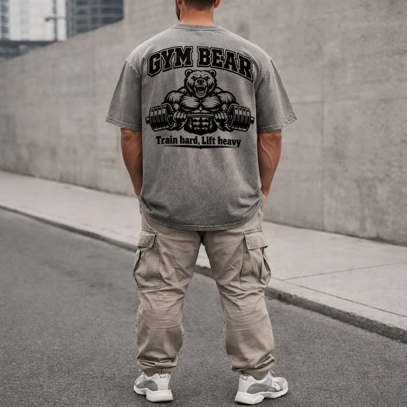 GYM BEAR Heavy Oversized Shirt – Herren Fitness T-Shirt im Acid Washed Look