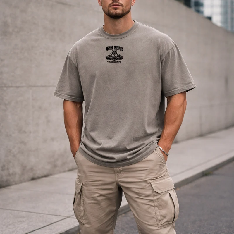 GYM BEAR Heavy Oversized Shirt – Herren Fitness T-Shirt im Acid Washed Look
