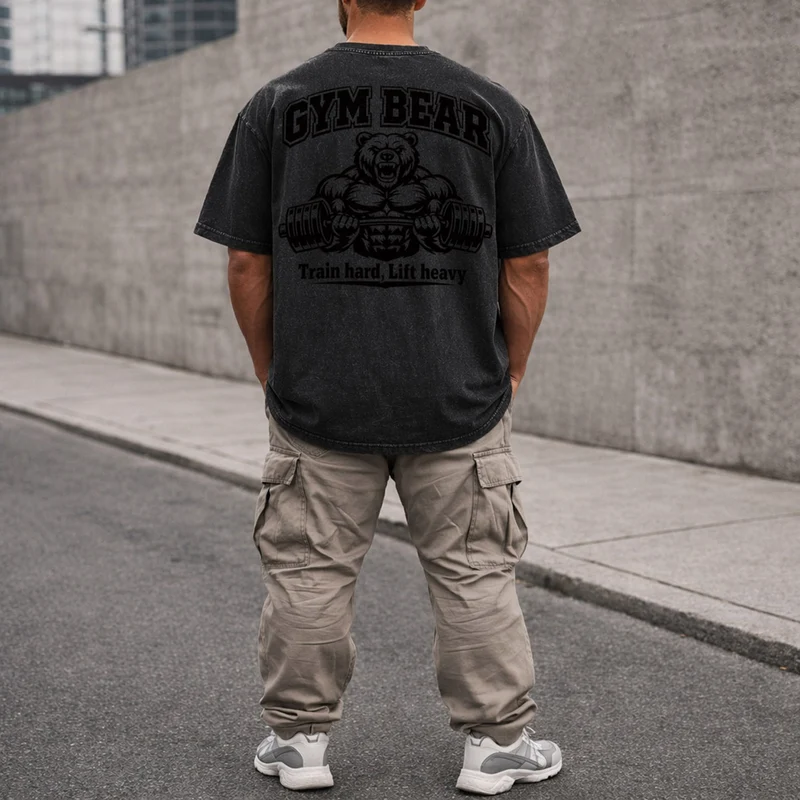 GYM BEAR Heavy Oversized Shirt – Herren Fitness T-Shirt im Acid Washed Look