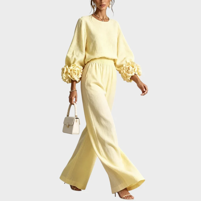 Mersada – Set Aus Langärmeligem Oberteil mit Blumenmuster Und Weit Geschnittener Hose