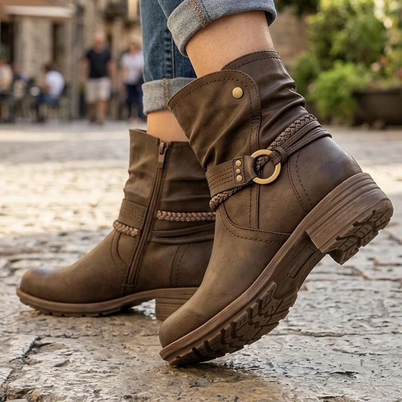 Buckle Detail Zip Fasten Ankle Boots - WOIL44048 / 329 800 - Brown