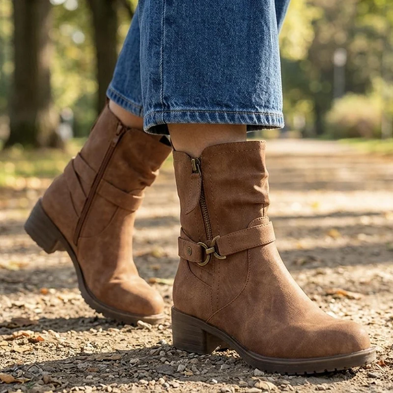 Warm Lined Zip Fasten Calf Length Boots - LECHE44004 / 329 942 - Tan