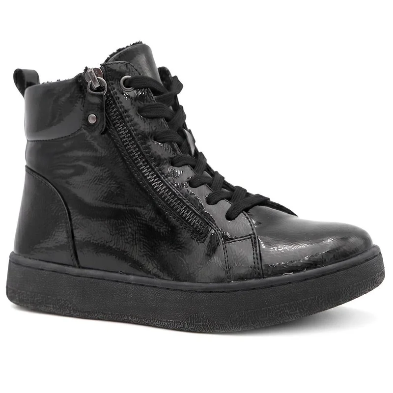 Warm Lined Casual Zip & Lace Ankle Boots - WBINS44020 / 329 968 - Black Patent