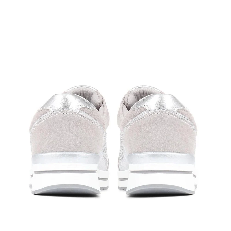 Wide Fit Lace-Up Leather Trainers - BRK35087 / 322 550 - Silver