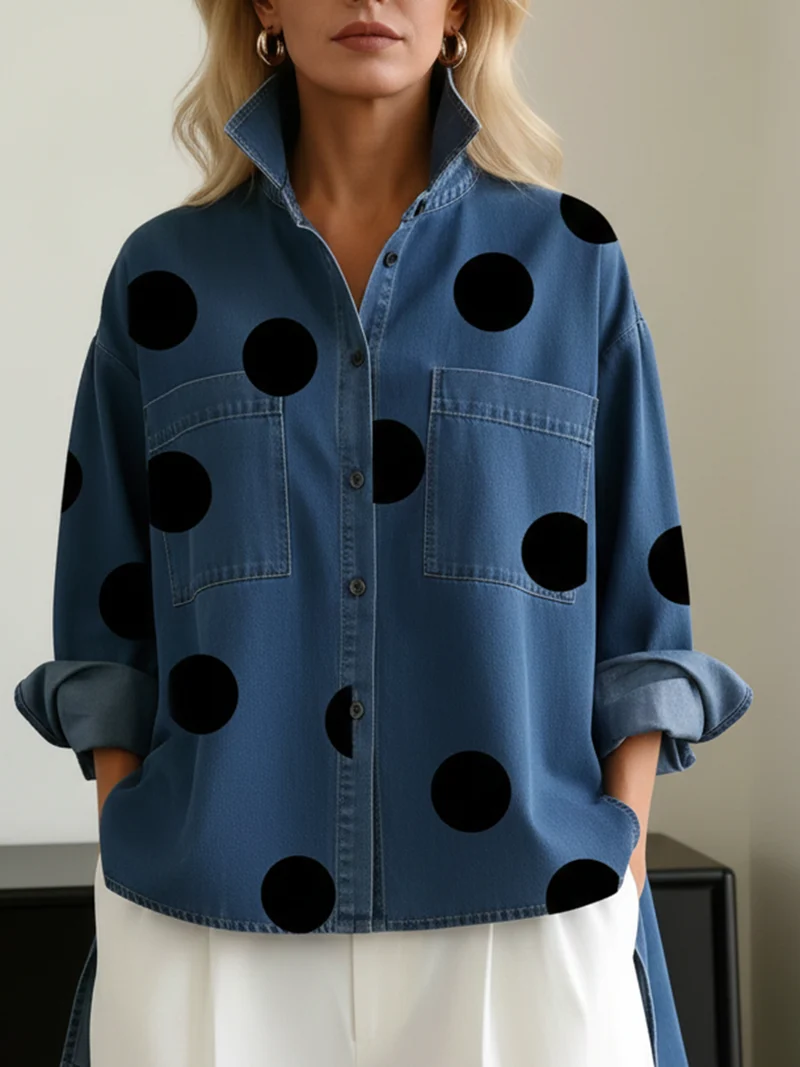 Shayner – Langärmliges Jeanshemd Mit Polka Dots Und Knopfleiste