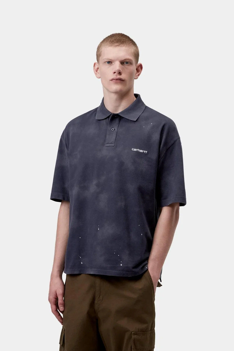 Carhartt WIP Herren-Polohemd „Maler“ | Dunkelblaues Destroy-Wash-Spritzmuster