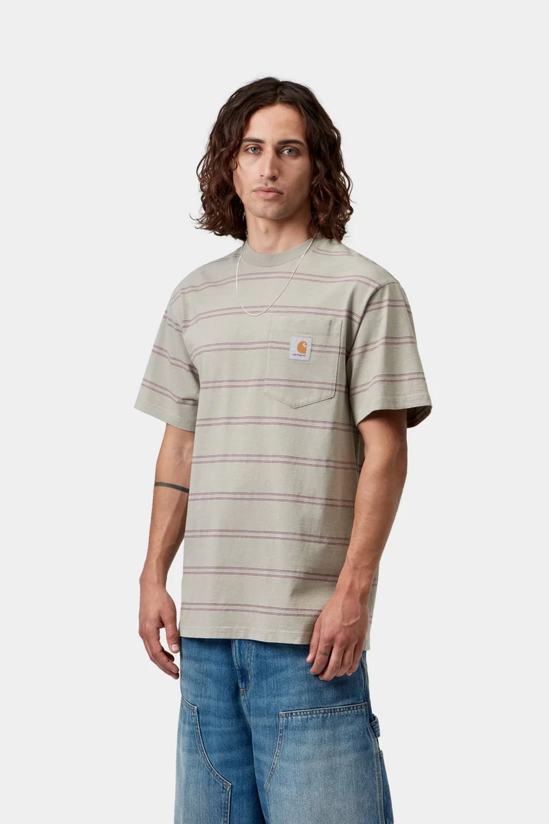 Carhartt WIP Bert Herren-T-Shirt mit Streifen und Tasche | Schattiges Grün Havana, stückgefärbt