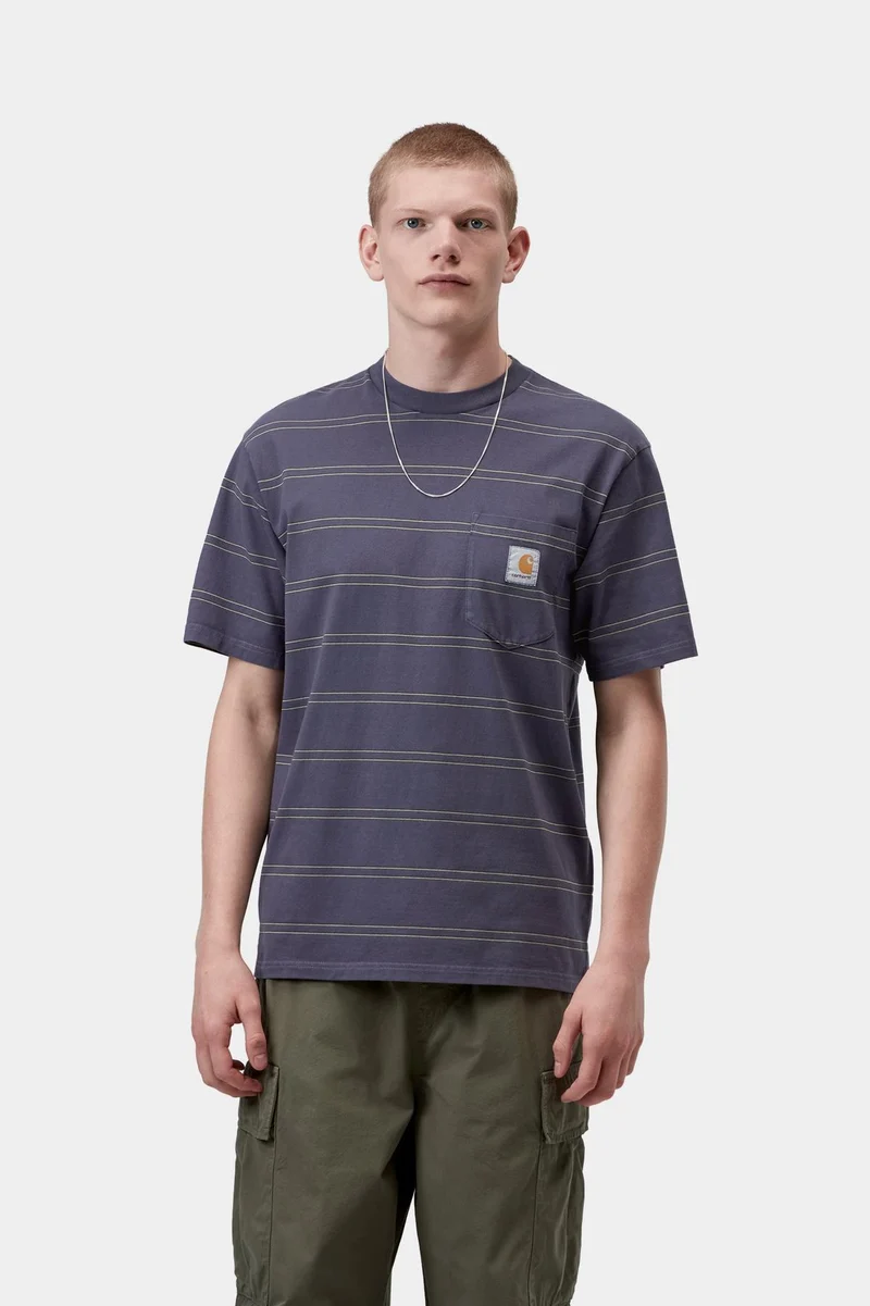 Carhartt WIP Bert Herren-T-Shirt mit Streifen und Tasche | Schattiges Lila-Grün, stückgefärbt