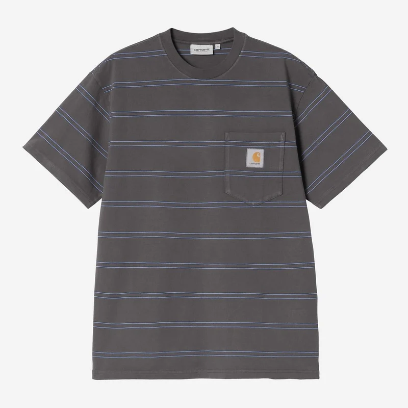 Carhartt WIP Bert Herren-T-Shirt mit Streifen und Tasche | Graphitfarben, Curacao-Stückfärbung