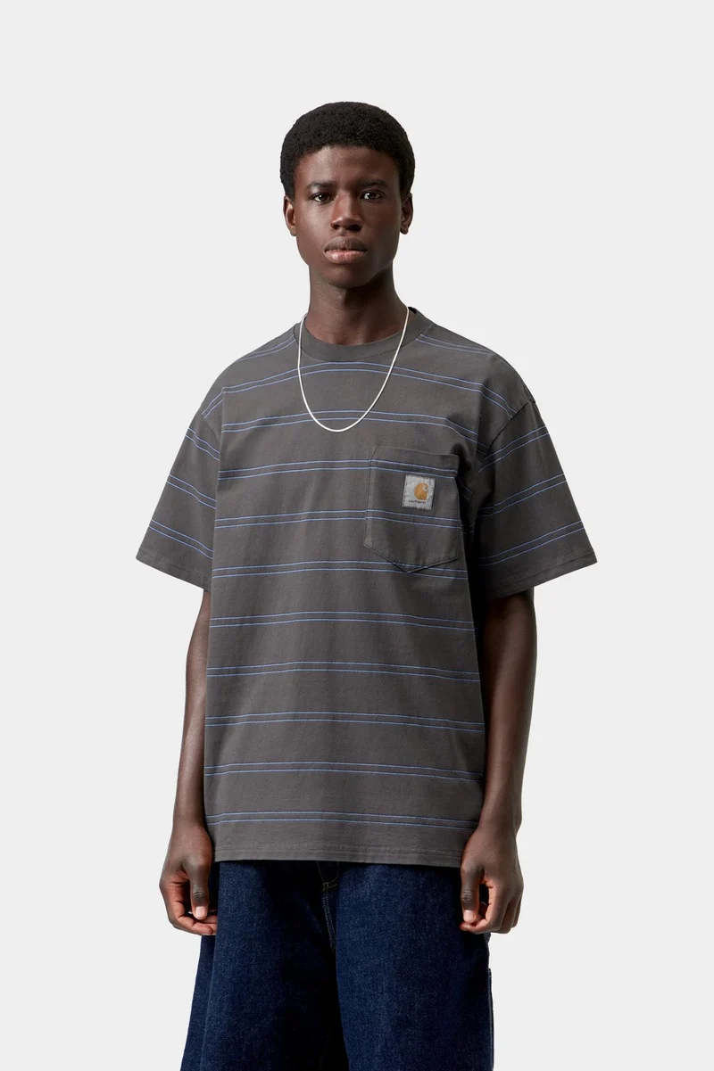 Carhartt WIP Bert Herren-T-Shirt mit Streifen und Tasche | Graphitfarben, Curacao-Stückfärbung