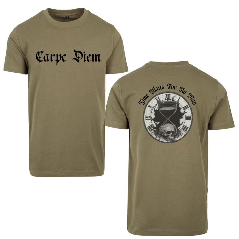 Carpe Diem T-Shirt – Statement Shirt mit Skull & Hourglass Front- und Backprint