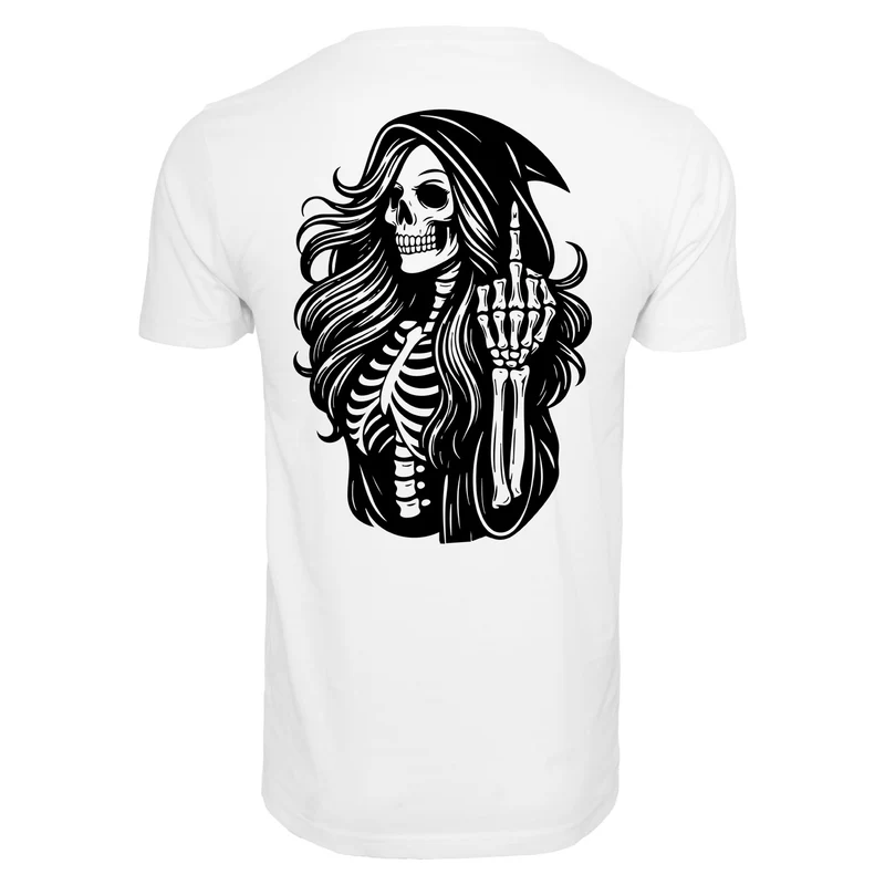 Statement T-Shirt Skull Woman Mittelfinger – Baumwollshirt mit Backprint im Gothic Streetwear Look