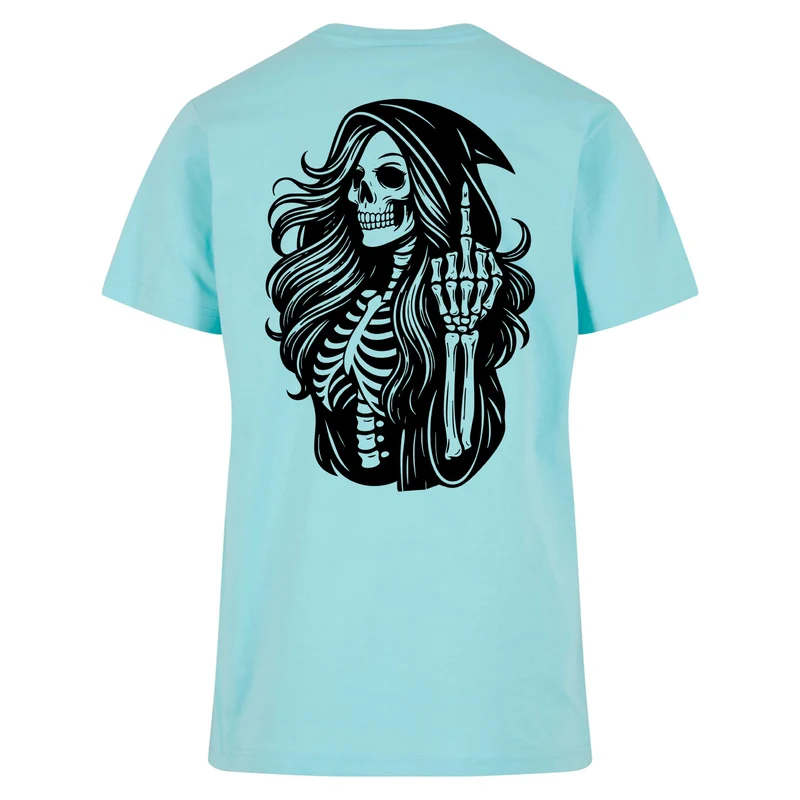 Statement T-Shirt Skull Woman Mittelfinger – Baumwollshirt mit Backprint im Gothic Streetwear Look