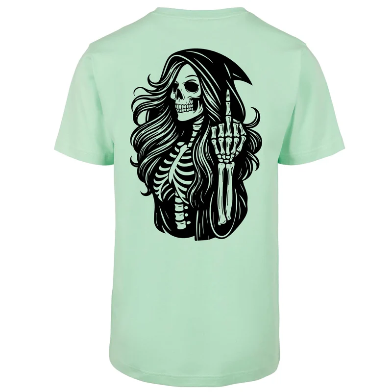 Statement T-Shirt Skull Woman Mittelfinger – Baumwollshirt mit Backprint im Gothic Streetwear Look