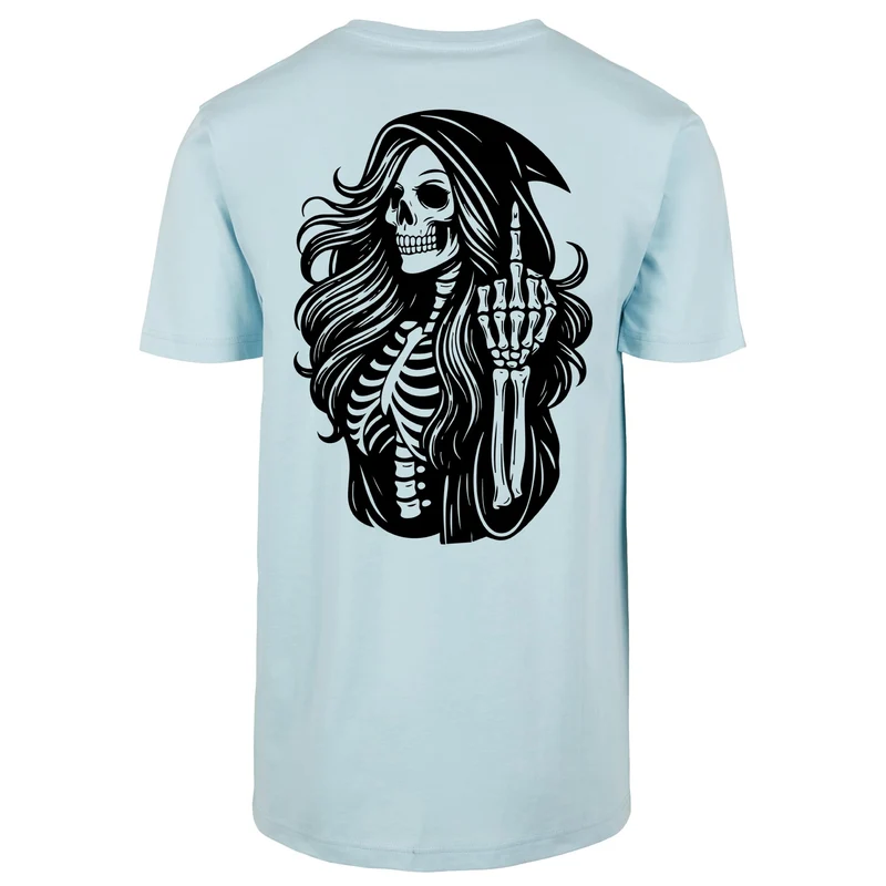 Statement T-Shirt Skull Woman Mittelfinger – Baumwollshirt mit Backprint im Gothic Streetwear Look