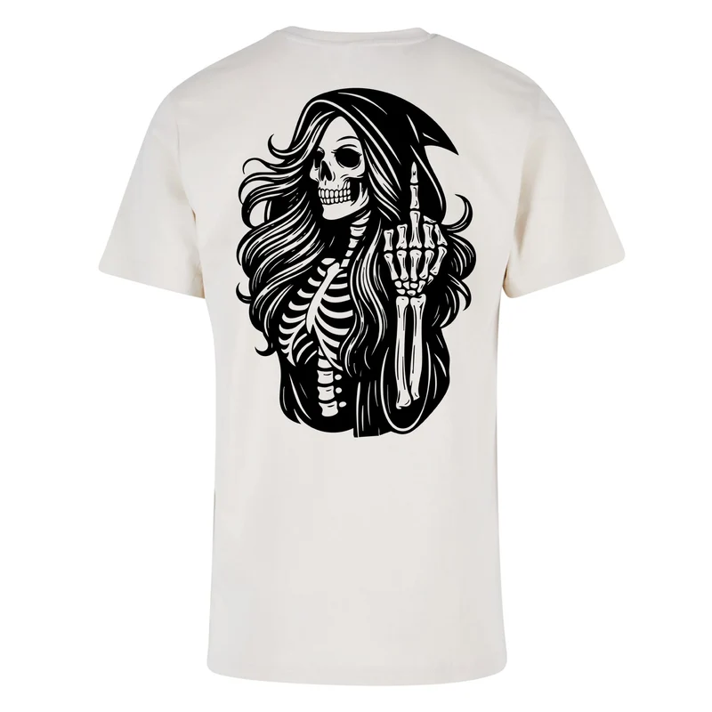 Statement T-Shirt Skull Woman Mittelfinger – Baumwollshirt mit Backprint im Gothic Streetwear Look