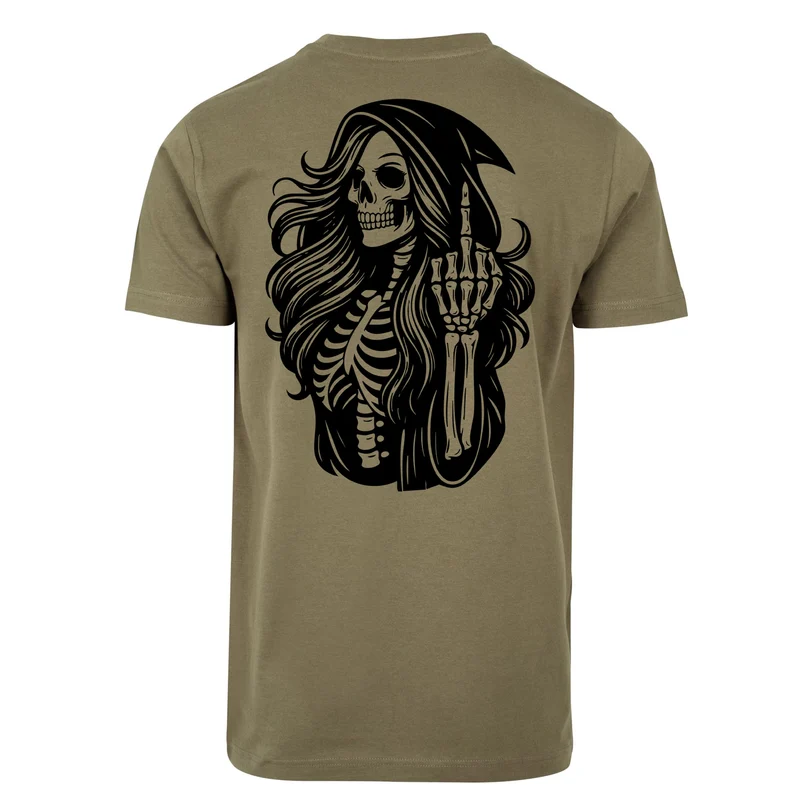 Statement T-Shirt Skull Woman Mittelfinger – Baumwollshirt mit Backprint im Gothic Streetwear Look