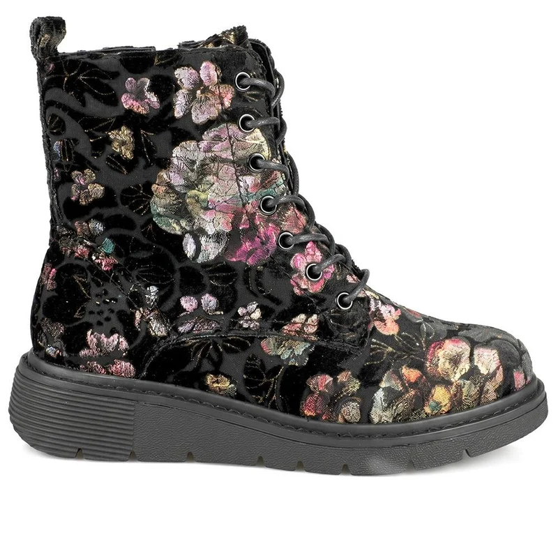 Wide Fit Lace Up Floral Ankle Boots - WBINS44081 / 330 004 - Black Floral