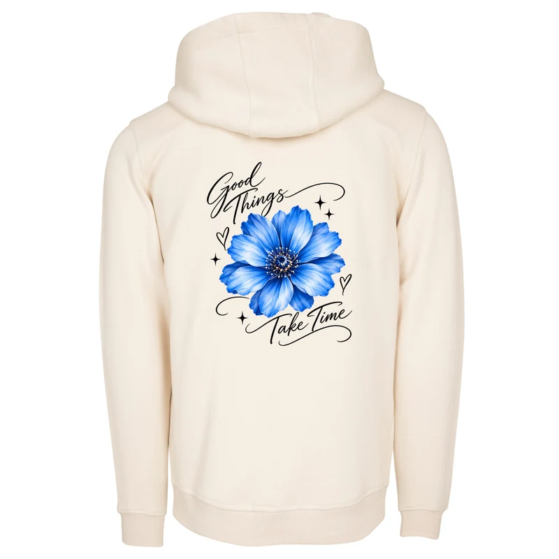 Good Things Take Time mit Blumenmotiv | Statement Shirt Zip-Hoodie Backprint | Unisex