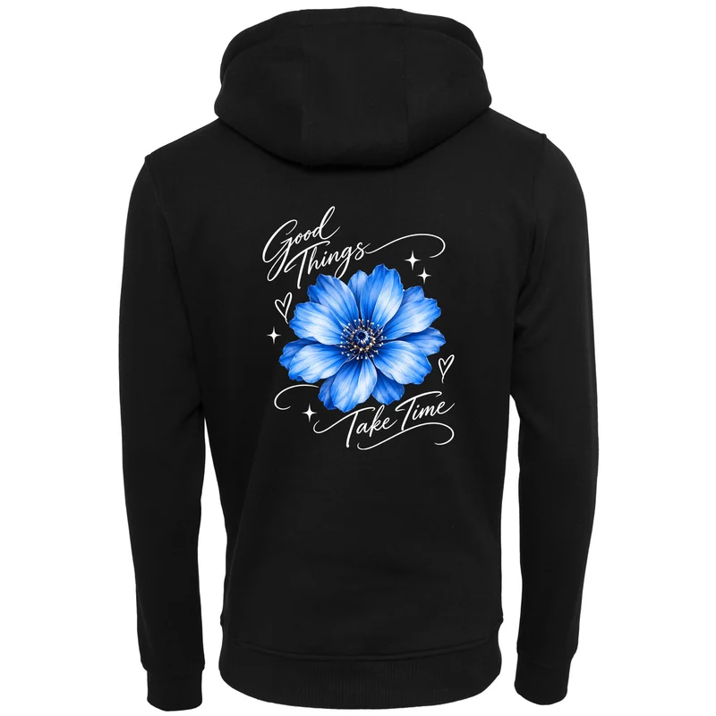 Good Things Take Time mit Blumenmotiv | Statement Shirt Zip-Hoodie Backprint | Unisex