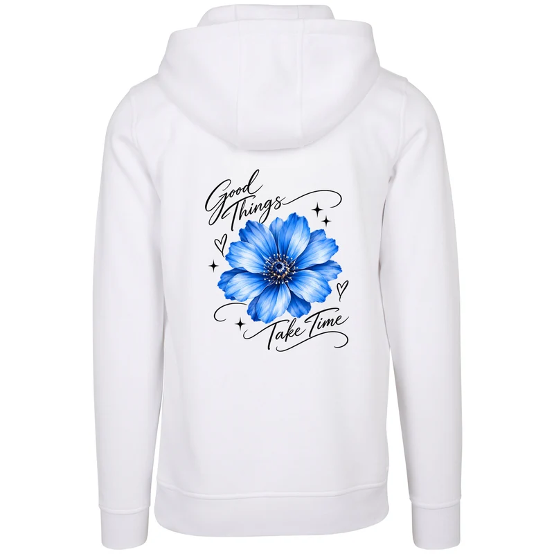 Good Things Take Time mit Blumenmotiv | Statement Shirt Zip-Hoodie Backprint | Unisex