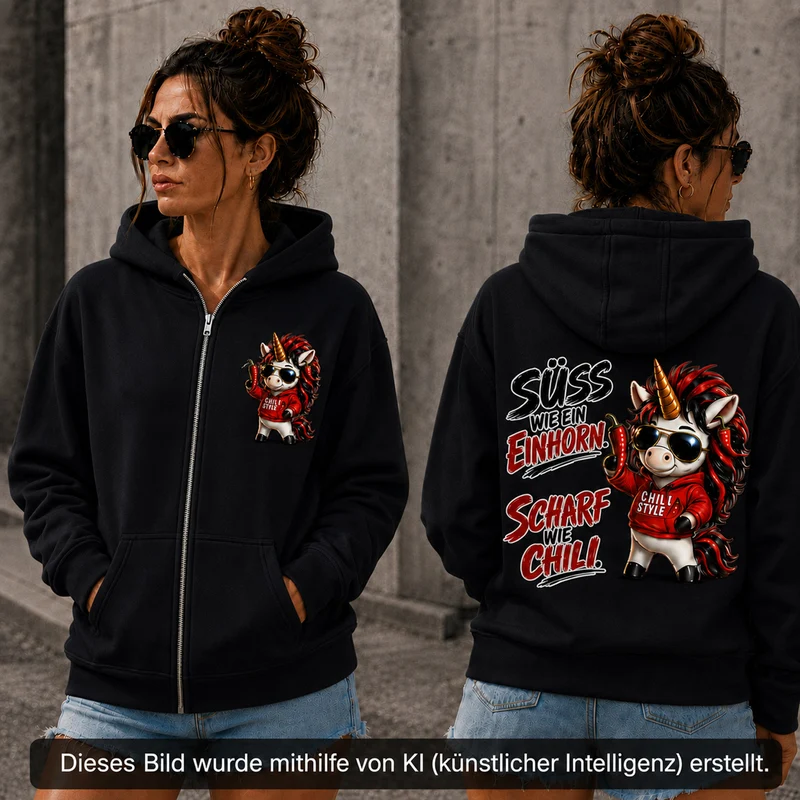 Sweet Chili Zip-Hoodie „Süß wie ein Einhorn“ – Front- und Backprint | Unisex