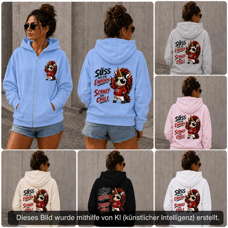 Sweet Chili Zip-Hoodie „Süß wie ein Einhorn“ – Front- und Backprint | Unisex