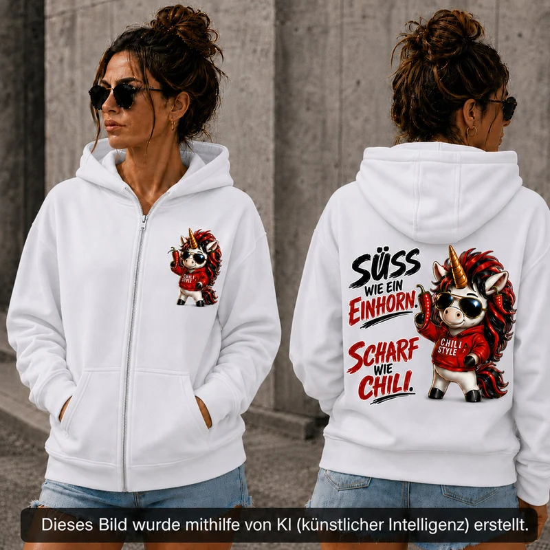 Sweet Chili Zip-Hoodie „Süß wie ein Einhorn“ – Front- und Backprint | Unisex
